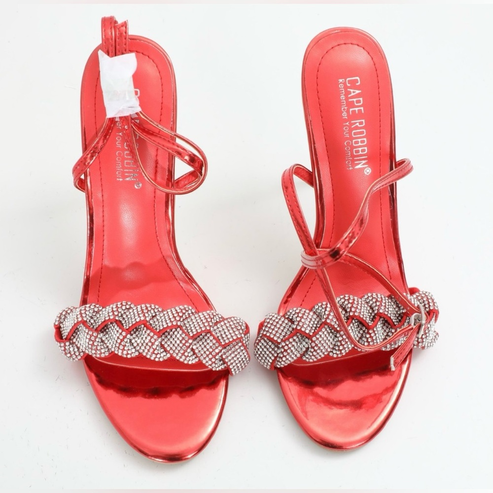 Cape Robbin Red Evans Crystal Rhinestone Braided Strap Heels Shoes NIB